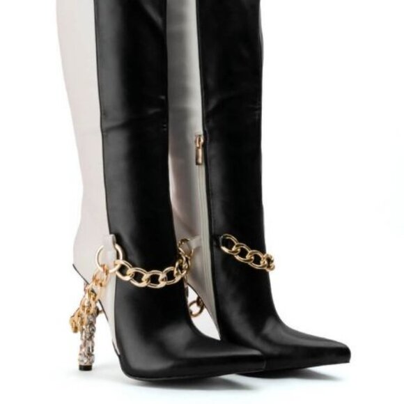 AZALEA WANG Shoes - AZALEA WANG  "  TWO SHADES OF HYPE "  KNEE HIGH CHAIN BOOT IN BLACK WHITE